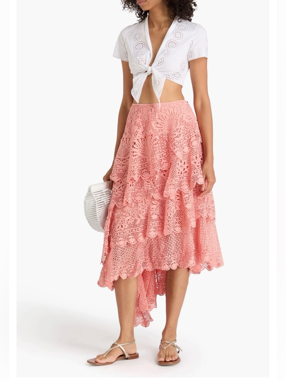 FARM RIO Guipure Lace  Asymmetric Tiered Skirt Pink Size M